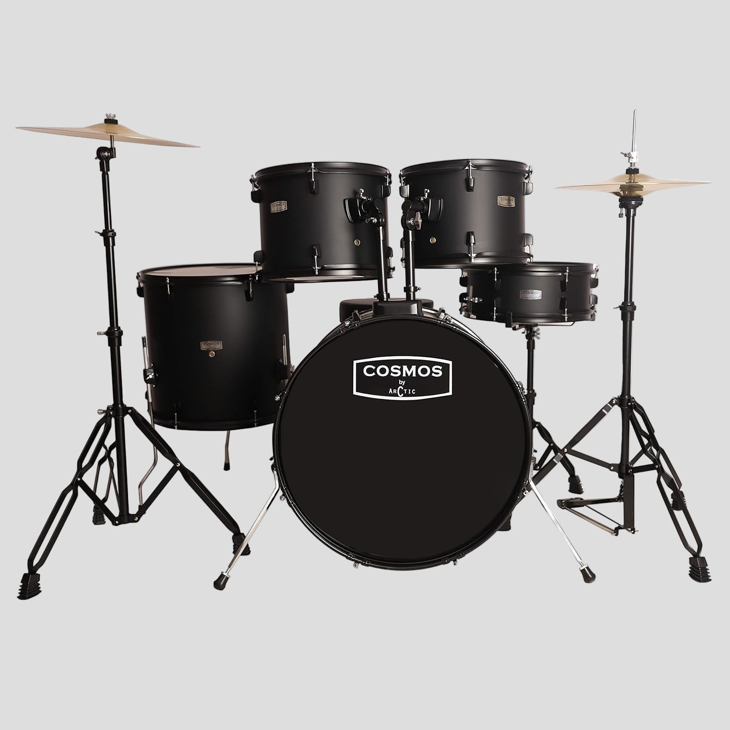 Black drum set with 'Cosmos' branding on a white background