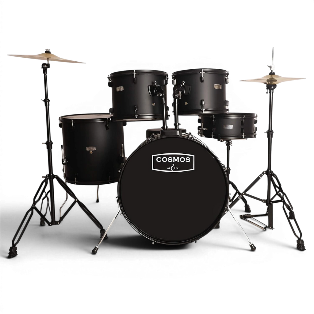 Black drum set with 'Cosmos' branding on a white background