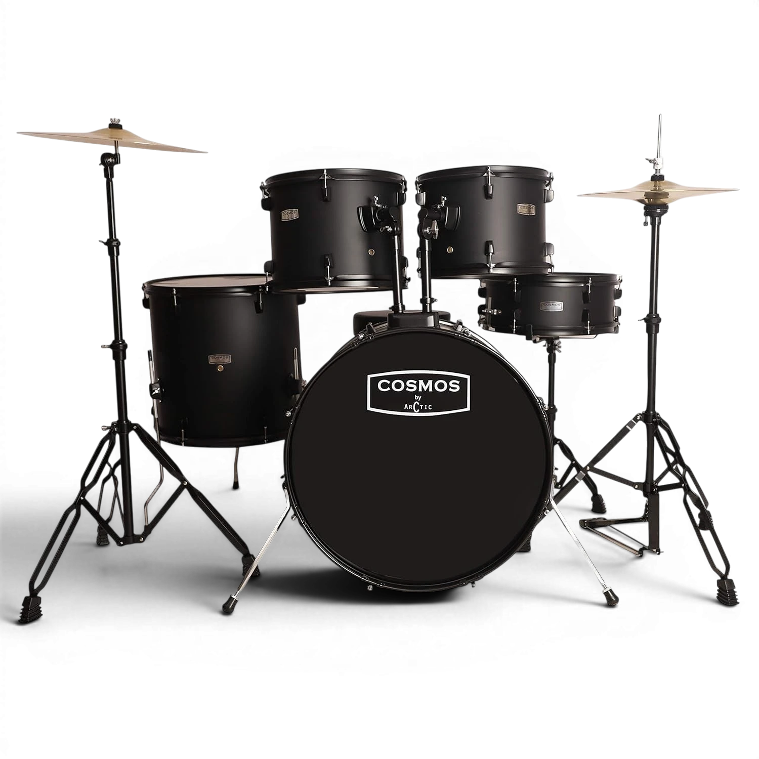 Black drum set with 'Cosmos' branding on a white background
