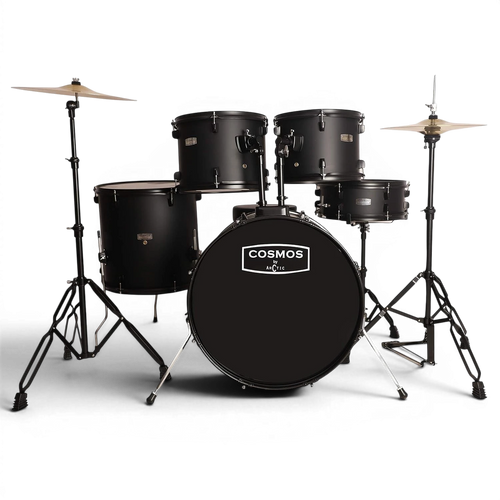 Black drum set with 'Cosmos' branding on a white background