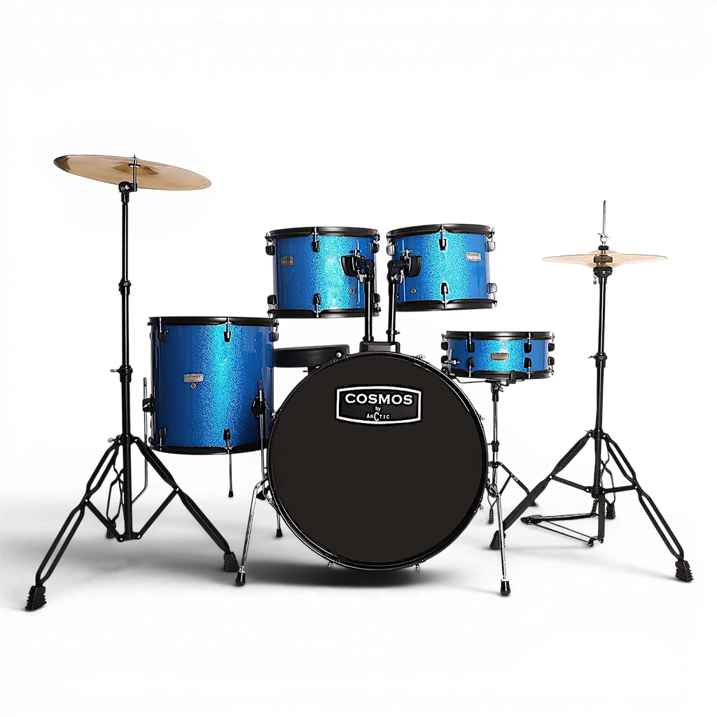 Blue drum set with 'Cosmos' branding on a white background