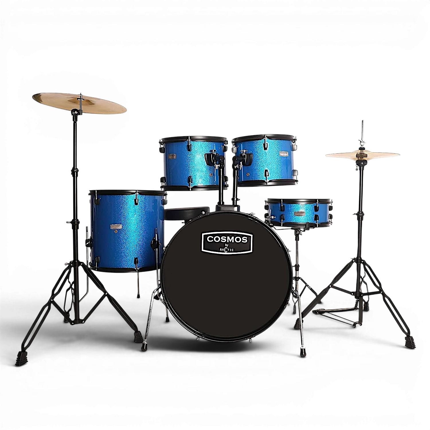 Blue drum set with 'Cosmos' branding on a white background