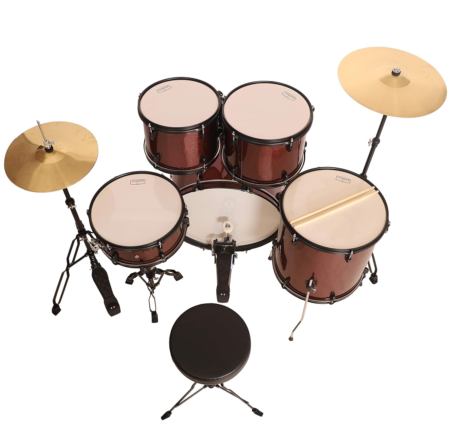 ARCTIC Cosmos 22 Inch 5-Piece Acoustic Drum Set with Cymbals, Hardware, Drum Throne & Drum Sticks - Red