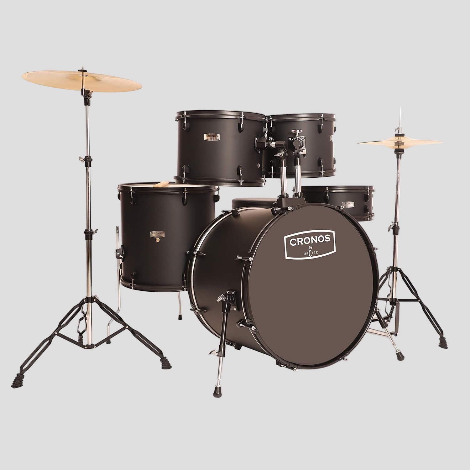 Black drum set with 'Cronos' branding on a white background