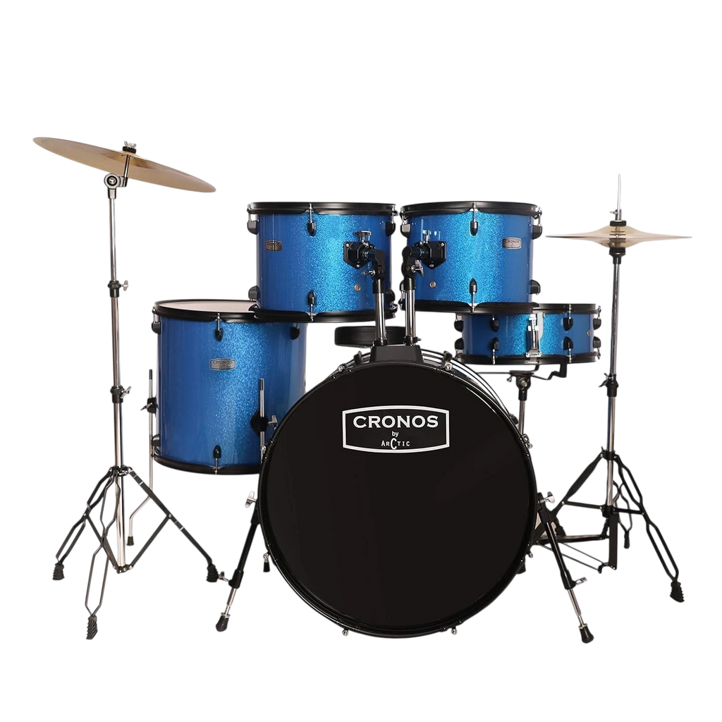 Blue drum set with 'Cronos' branding on a white background