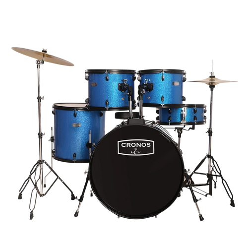 Blue drum set with 'Cronos' branding on a white background