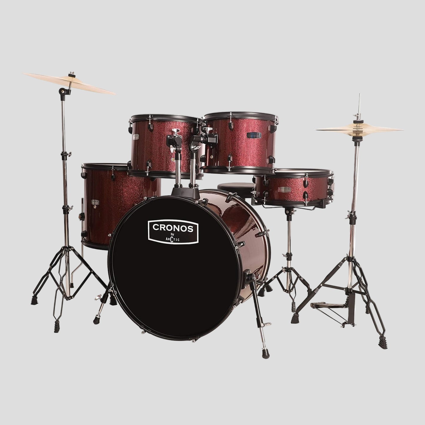 Drum set with 'Cronos' branding on a white background