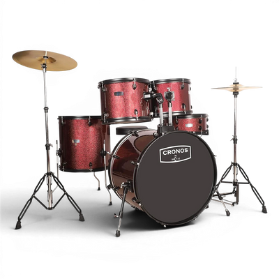 ARCTIC Cronos 22 Inch 5-Piece Acoustic Drum Set with Cymbals, Hardware, Drum Throne & Drum Sticks - Red