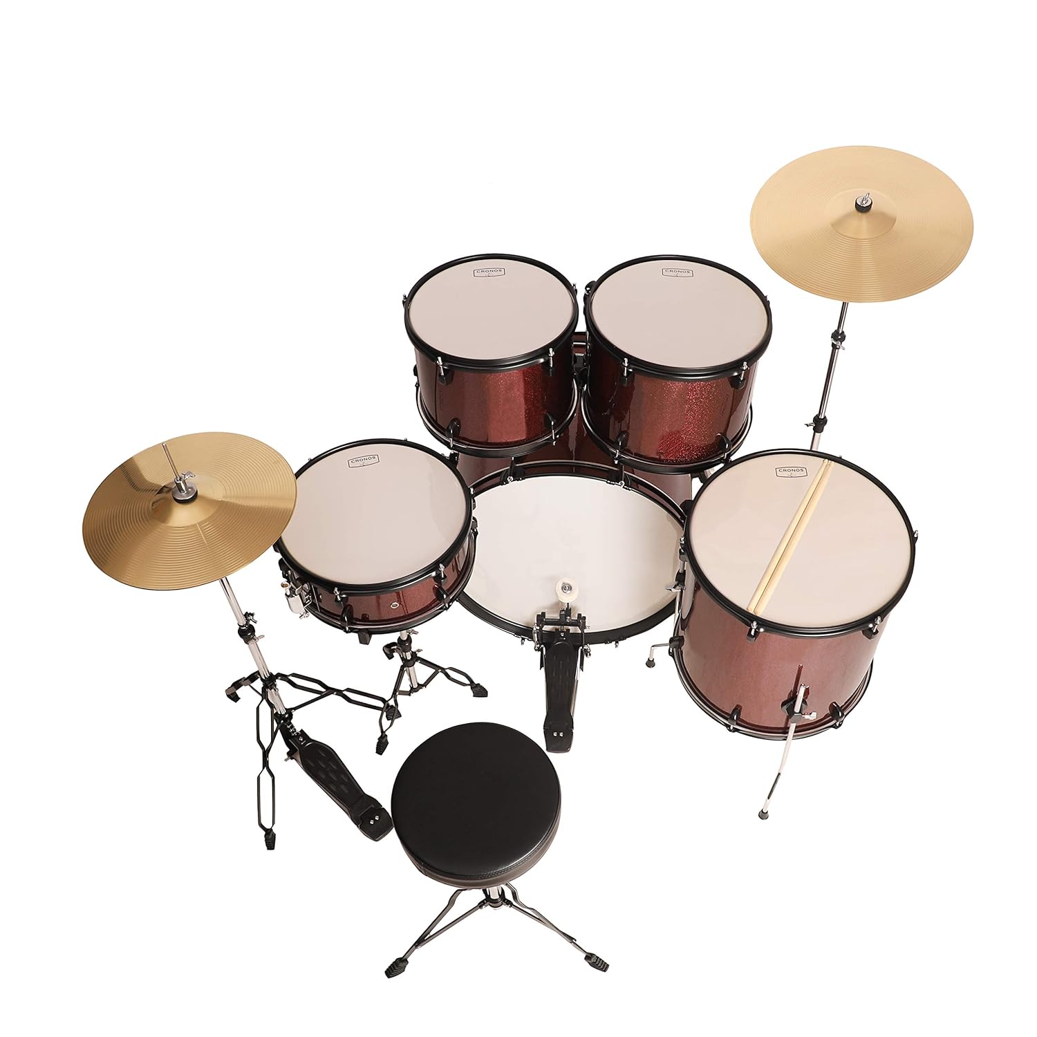ARCTIC Cronos 22 Inch 5-Piece Acoustic Drum Set with Cymbals, Hardware, Drum Throne & Drum Sticks - Red