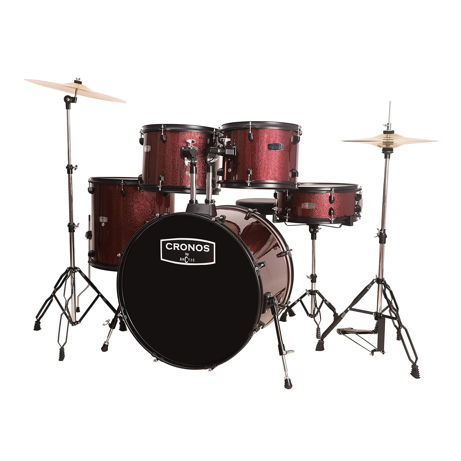 ARCTIC Cronos 22 Inch 5-Piece Acoustic Drum Set with Cymbals, Hardware, Drum Throne & Drum Sticks - Red