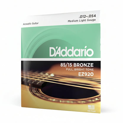 D'Addario acoustic guitar string set packaging with brand name and product details.