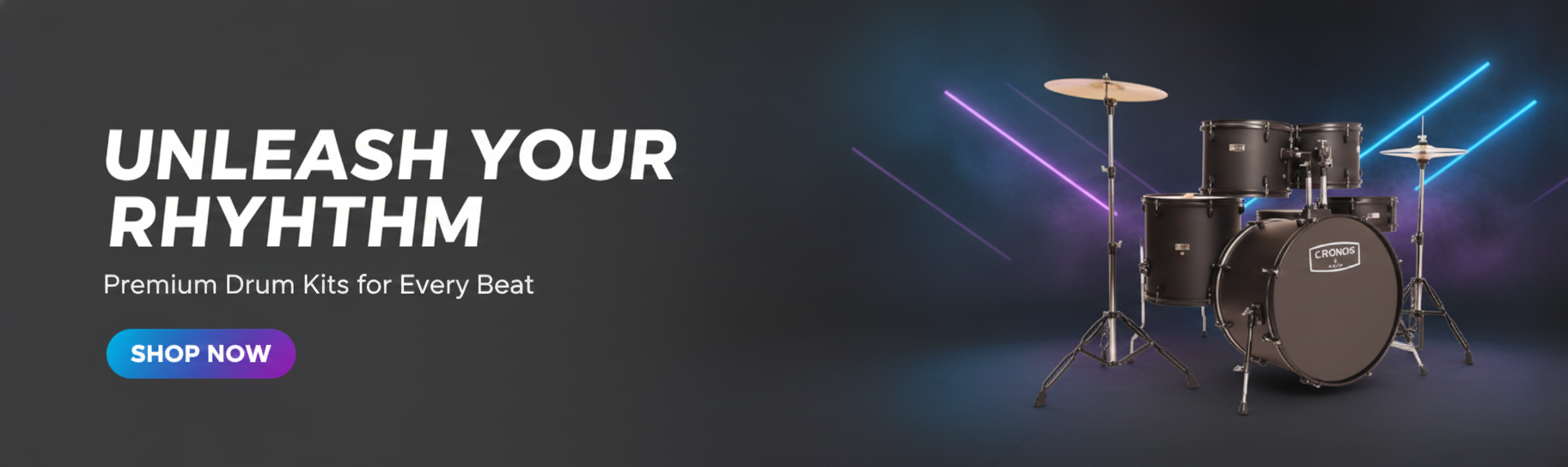 Drum set with neon lights on a dark background, promotional text 'Unleash Your Rhythm' and call to action 'Shop Now'.