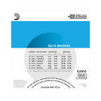 A product information card for EZ910 85/15 Bronze guitar strings, showing a color-coded string guide (E through A), diameter in millimeters, and tension in pounds per inch, on a white background with a blue header.