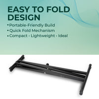 Foldable stand with text highlighting its features on a green and white background