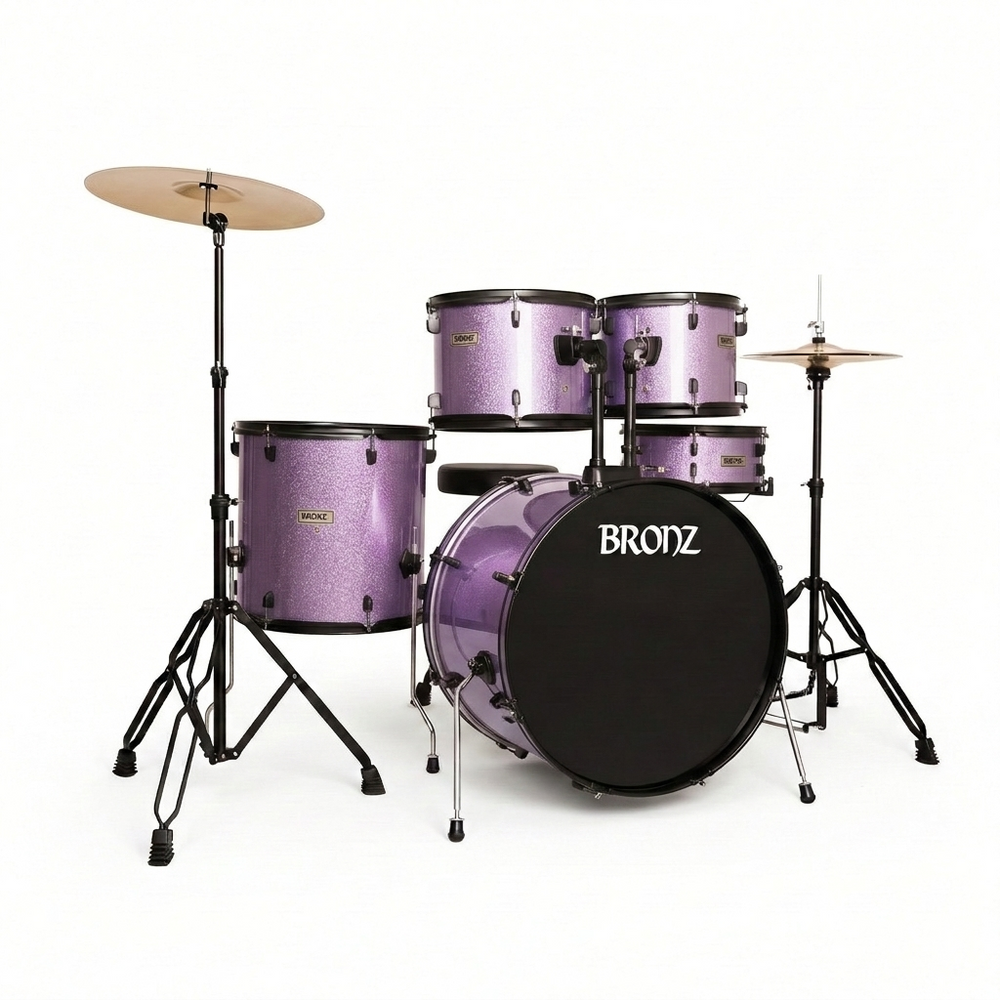BRONZ Acoustic Drum Kit (Purple) - 5 Pc Complete Drum Set with Hardware & Throne