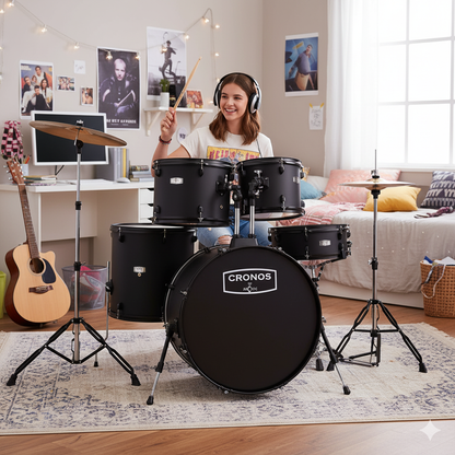 Arctic Cronos 5-Piece Acoustic Drum Kit (Black) with Cymbals, Sticks & Hardware