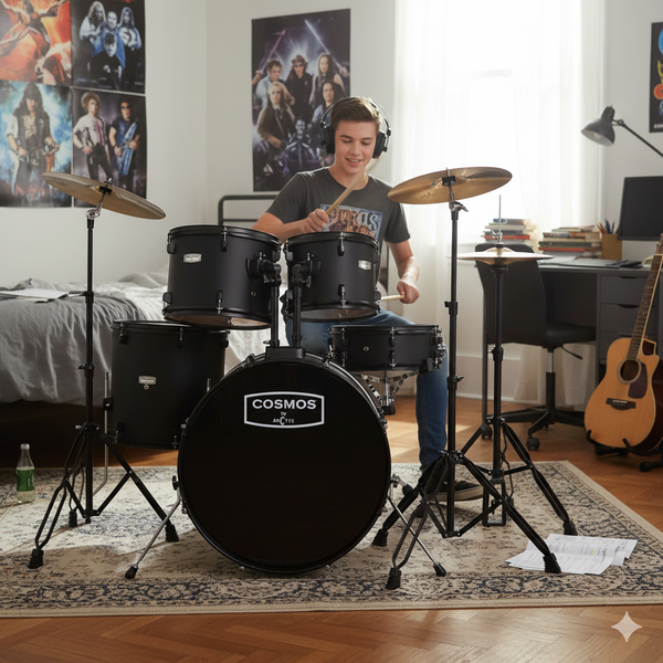 Arctic Cosmos 5-Piece Complete Acoustic Drum Kit (Black) - Full Set with Hardware & Throne