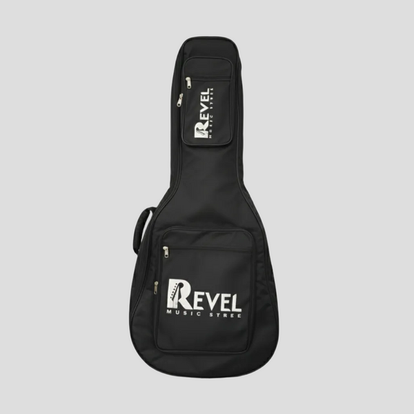 Black guitar bag with Revel Music Street logo on a white background