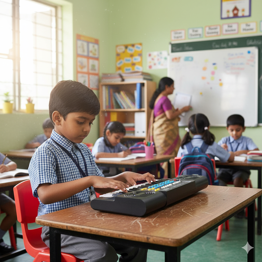 Child playing a toy keyboard in a classroom setting with other students and a teacher.