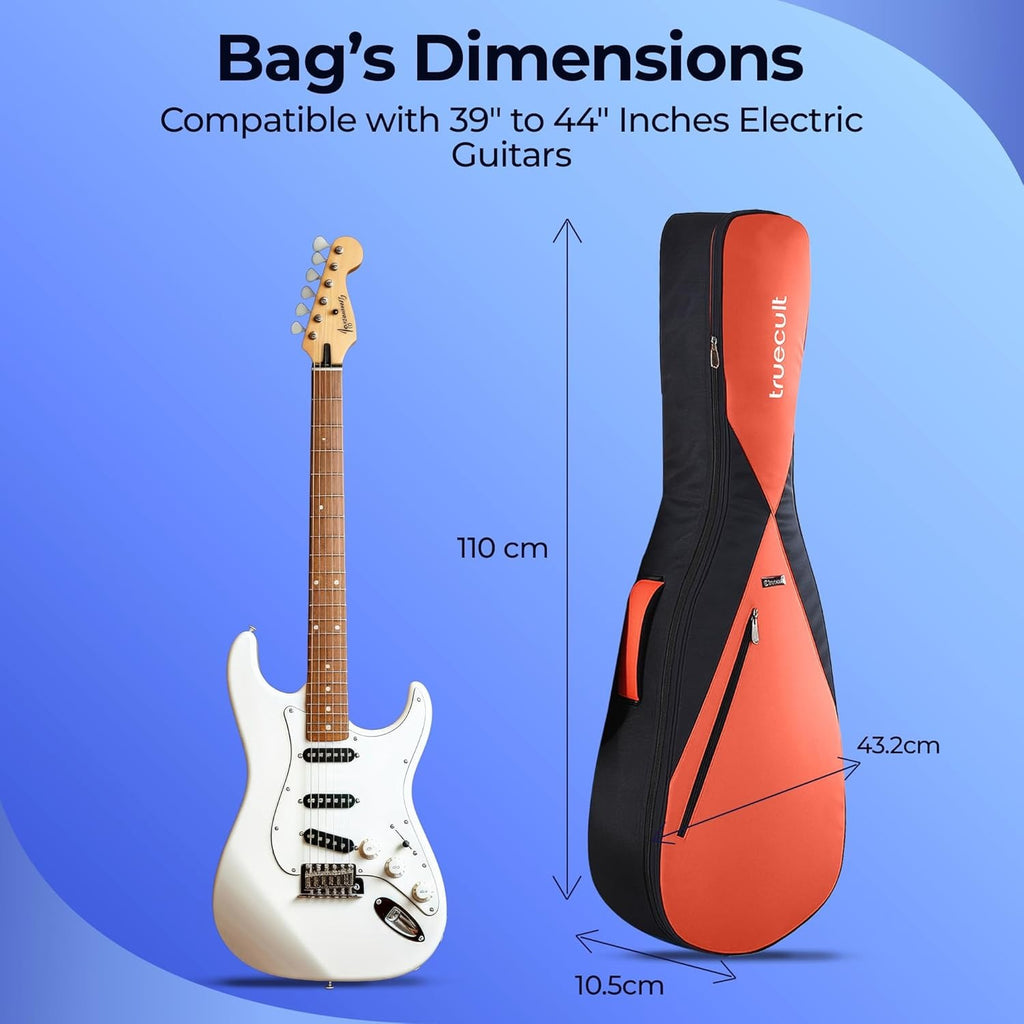 Guitar and guitar case with dimensions on a blue background