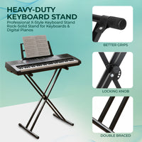 Heavy-duty keyboard stand with features highlighted on a light green background