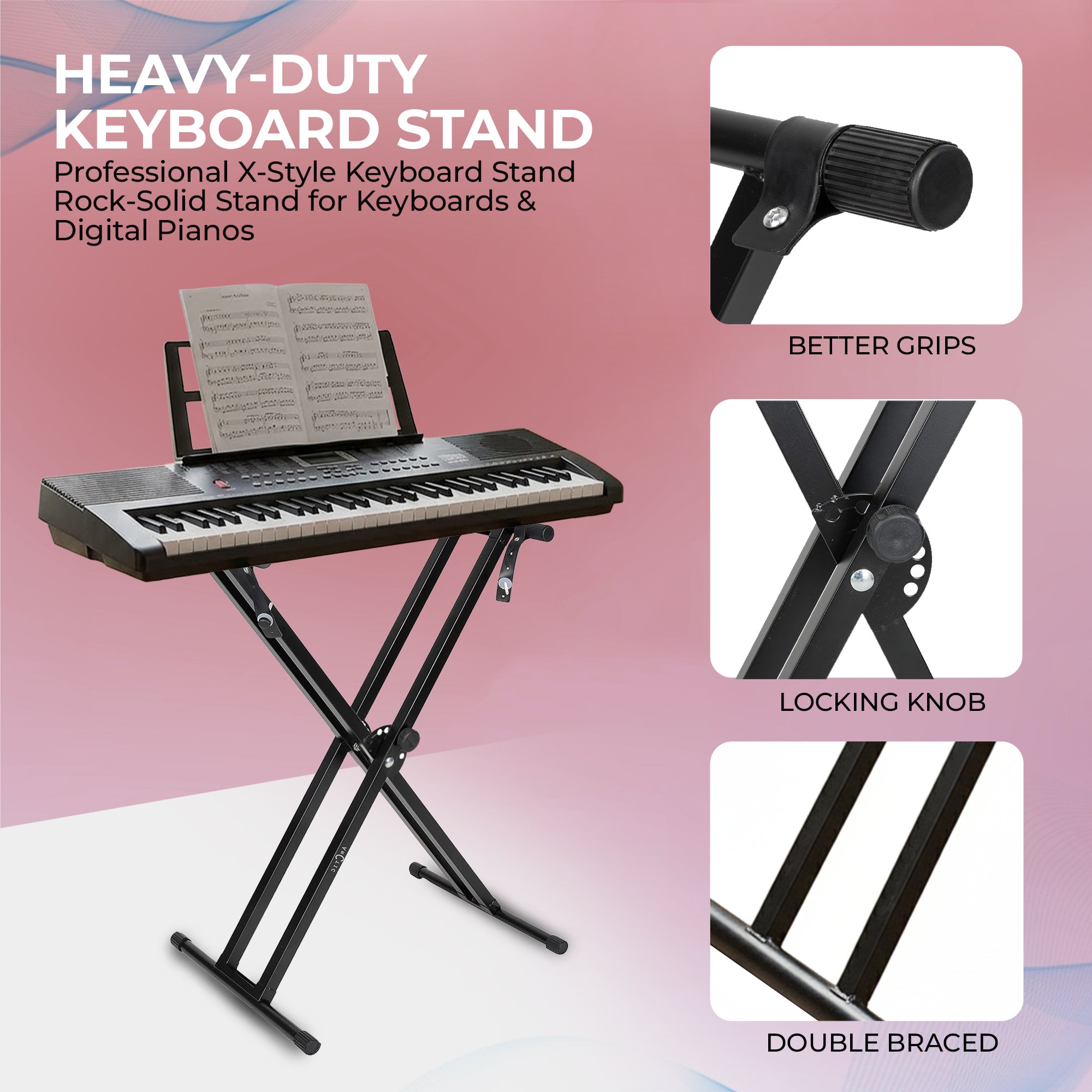 Heavy-duty keyboard stand with features highlighted on a pink background