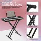 Heavy-duty keyboard stand with features highlighted on a pink background