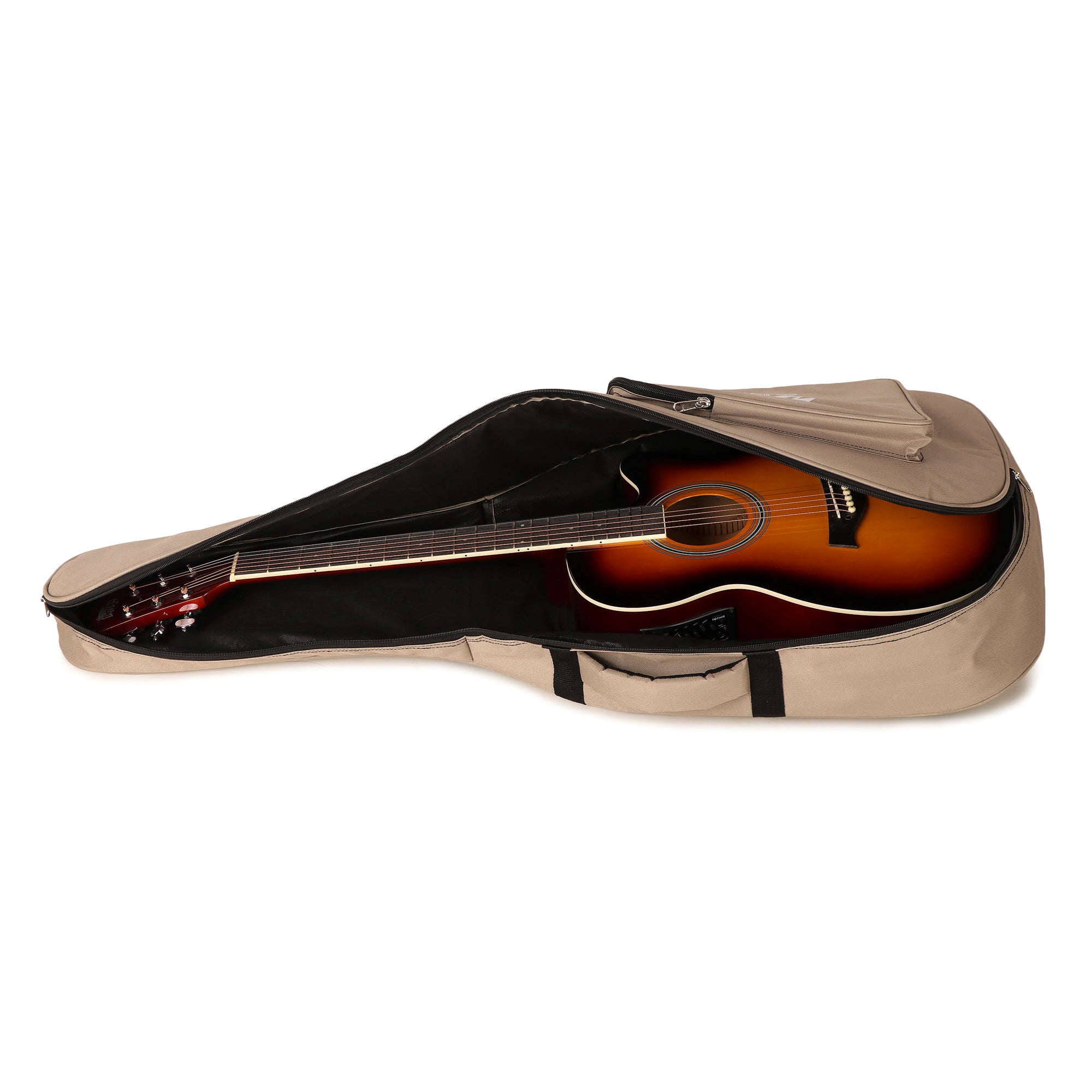 Acoustic guitar in a beige case on a white background Water-resistant acoustic guitar gig bag for yamaha kadence fender 