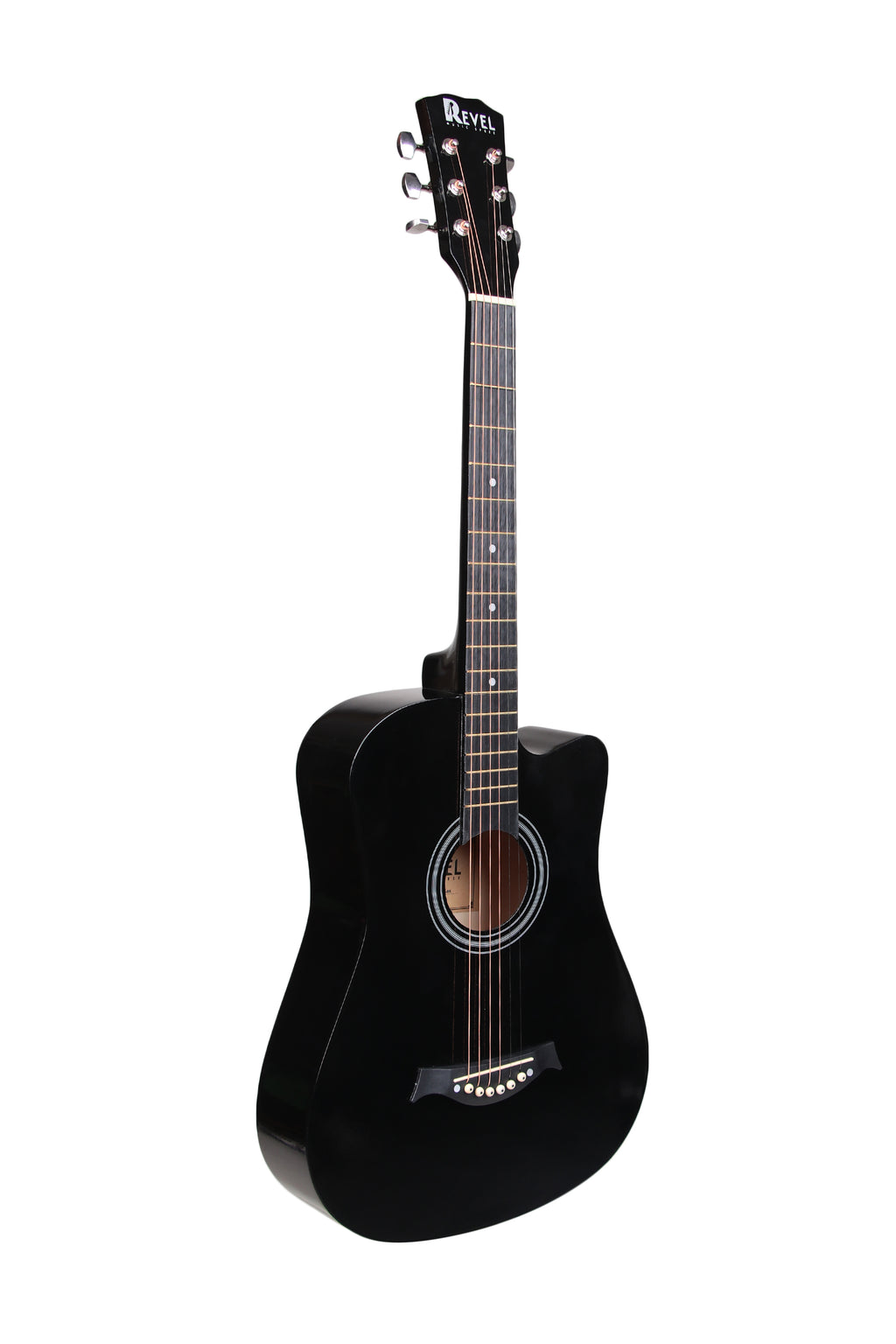 Black acoustic guitar on a white background