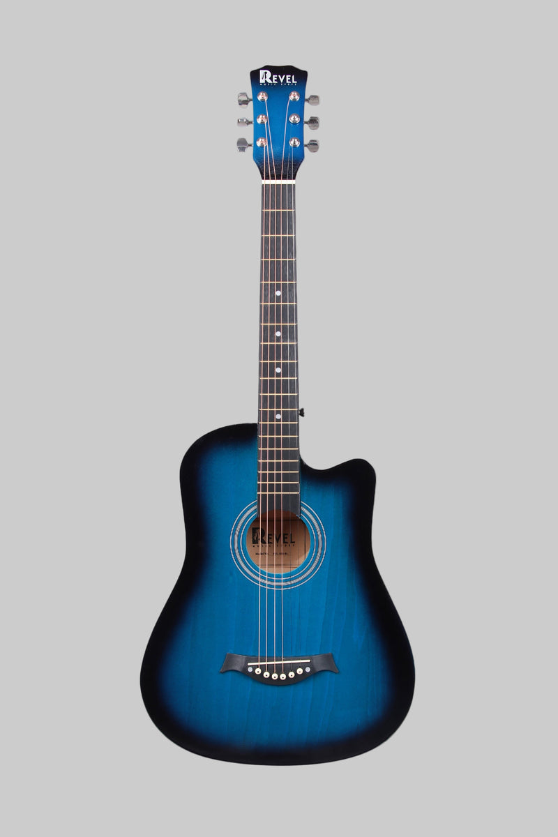 Blue acoustic guitar with cutaway on a white background