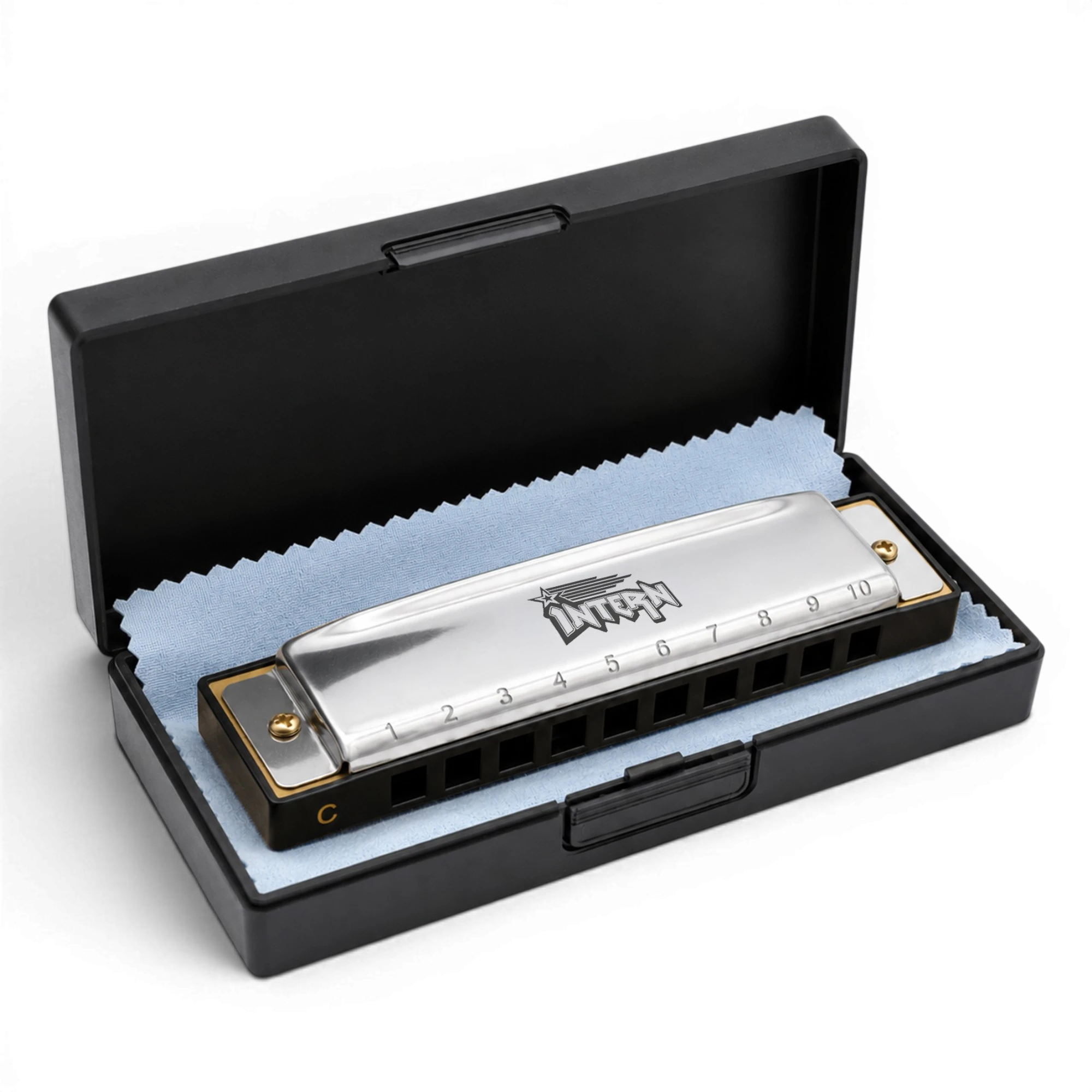 Intern Key C 10-Hole Diatonic Mouth Organ Harmonica with Case & Cleaning Cloth – Silver