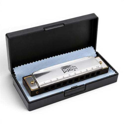 Intern Key C 10-Hole Diatonic Mouth Organ Harmonica with Case & Cleaning Cloth – Silver