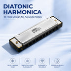 Intern Key C 10-Hole Diatonic Mouth Organ Harmonica with Case & Cleaning Cloth – Silver