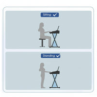 Illustration comparing sitting and standing positions for playing a keyboard.