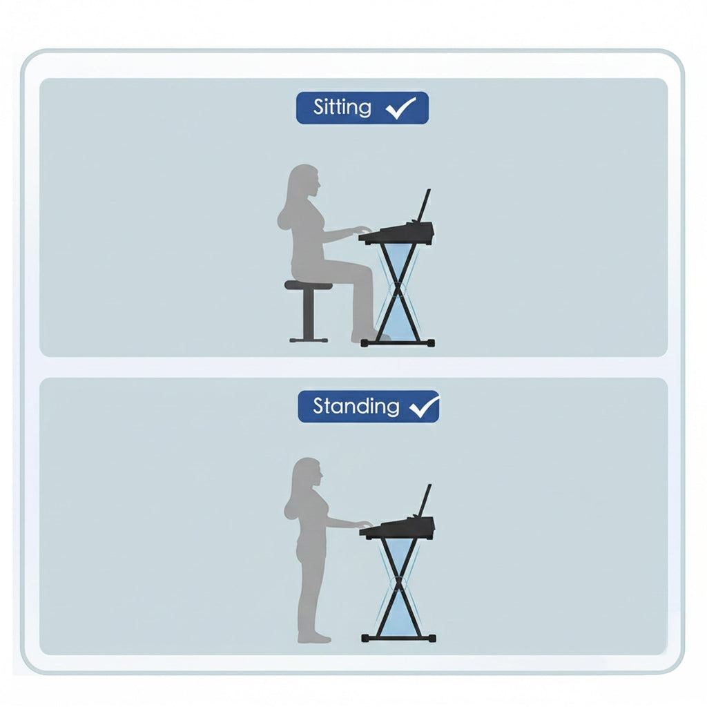 Illustration comparing sitting and standing positions for using a keyboard.