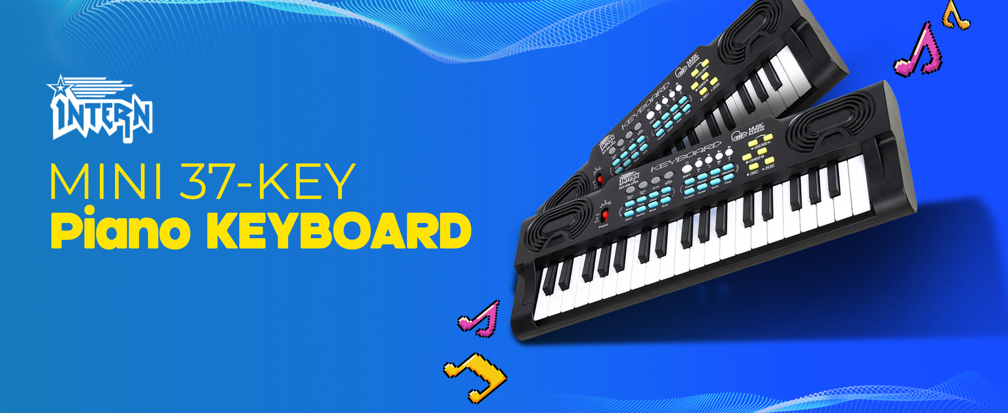 A promotional graphic for an INFAEN mini 37-key piano keyboard, showing two black electronic keyboards floating on a blue background with yellow text and music note icons.