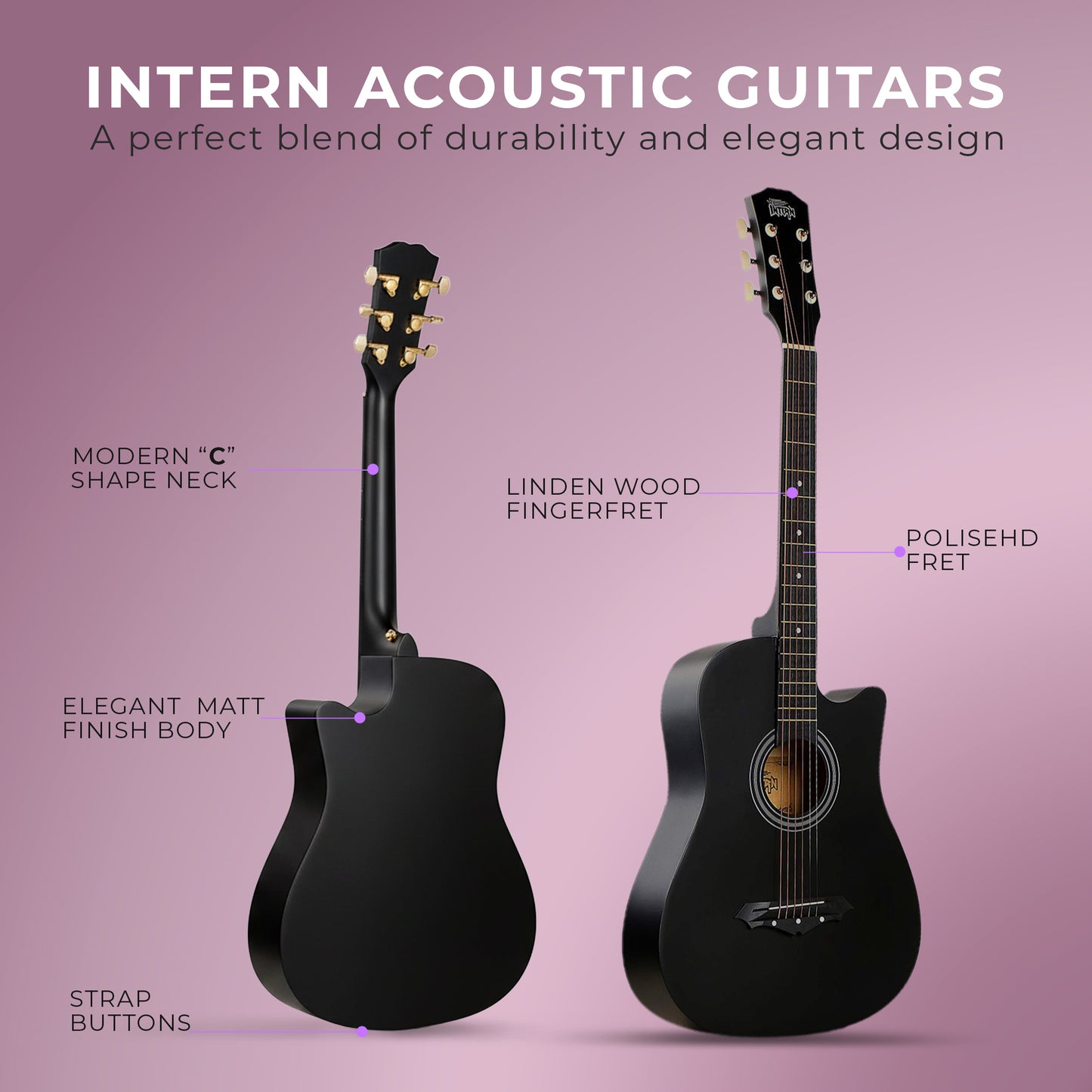 Intern INT-38C | 38" Acoustic Guitar Kit - Matte Black Finish