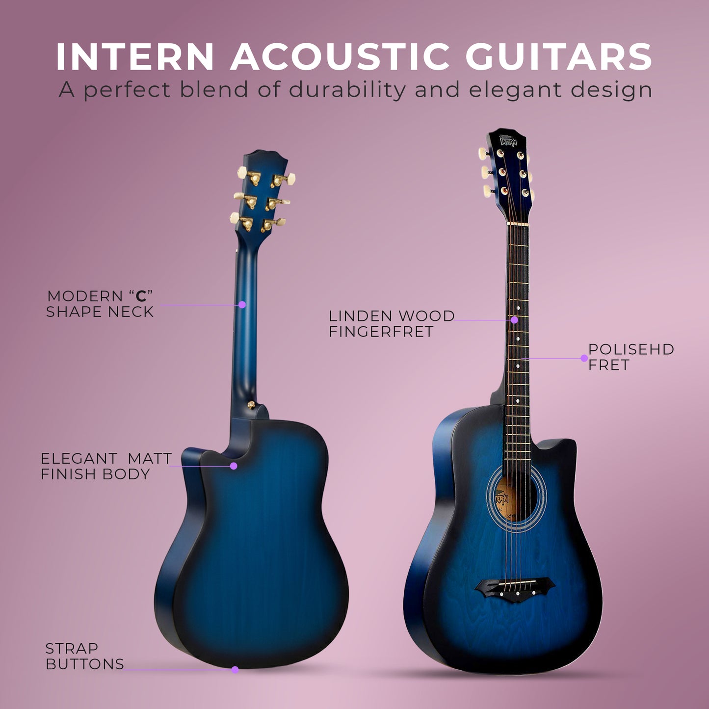 Intern INT-38C | 38" Acoustic Guitar Kit - Blue Matte Finish
