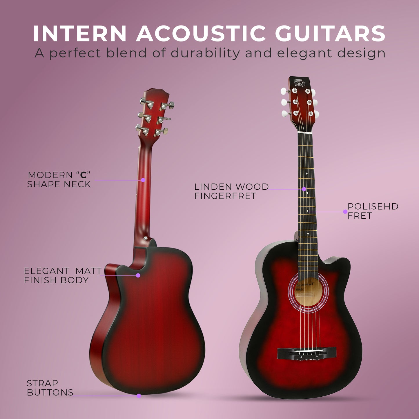 Intern INT-38C | 38" Acoustic Guitar Kit - Red Matte Finish