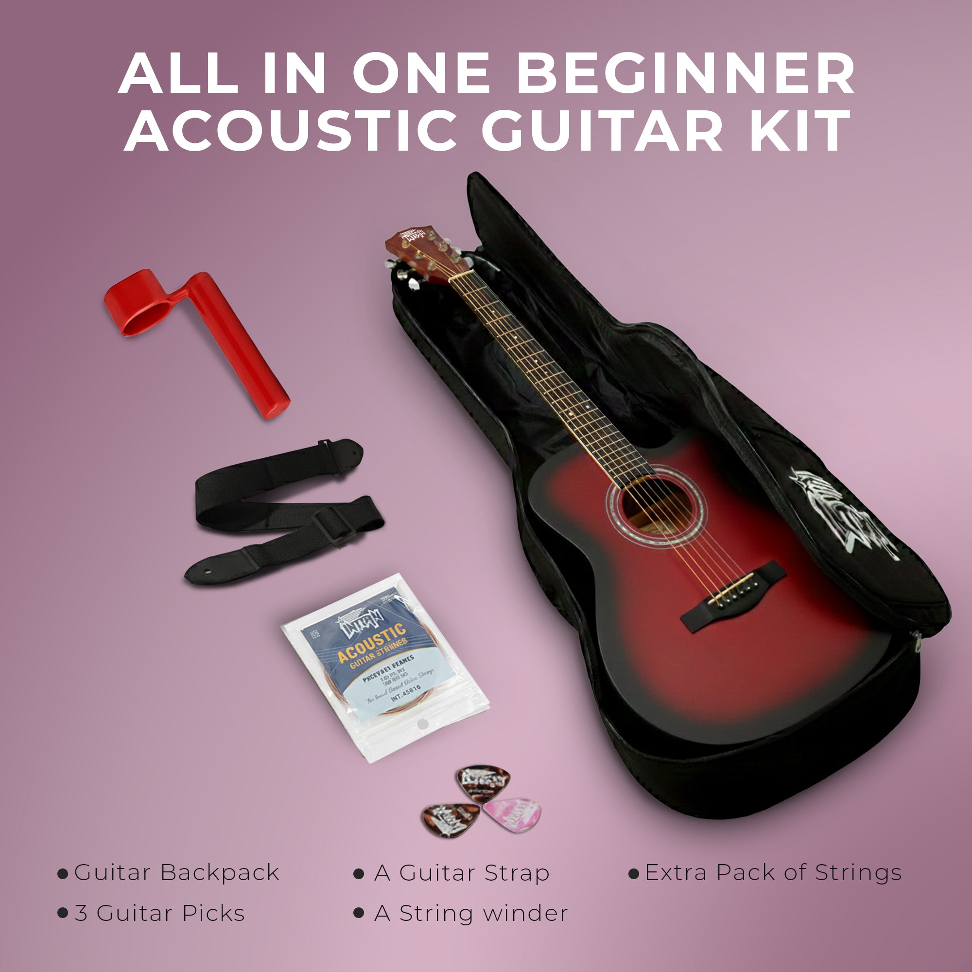 Intern INT-38C-RD | 38" Acoustic Guitar Kit - Red Matte Finish