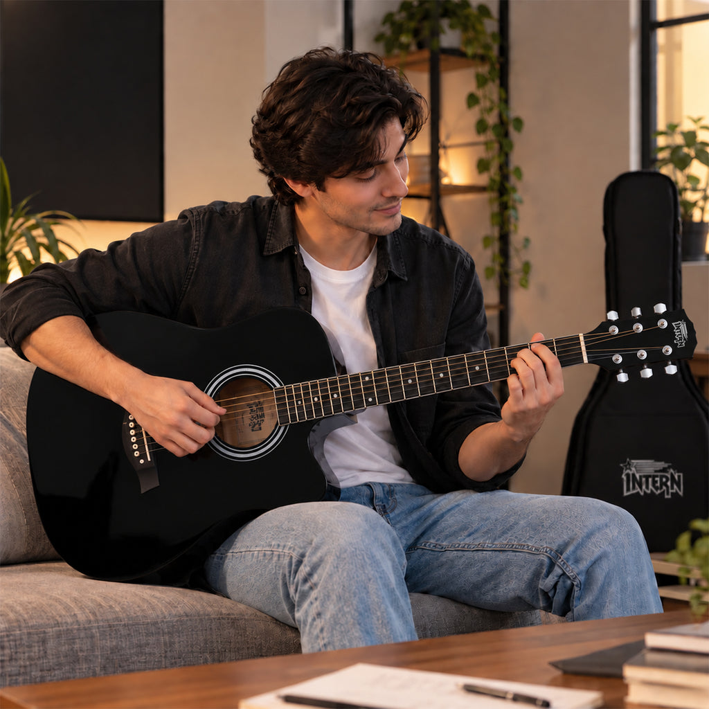 INTERN 41 Inch Acoustic Cutaway Guitar with Truss Rod, Gig Bag, Strap, Picks & Extra Strings – Black