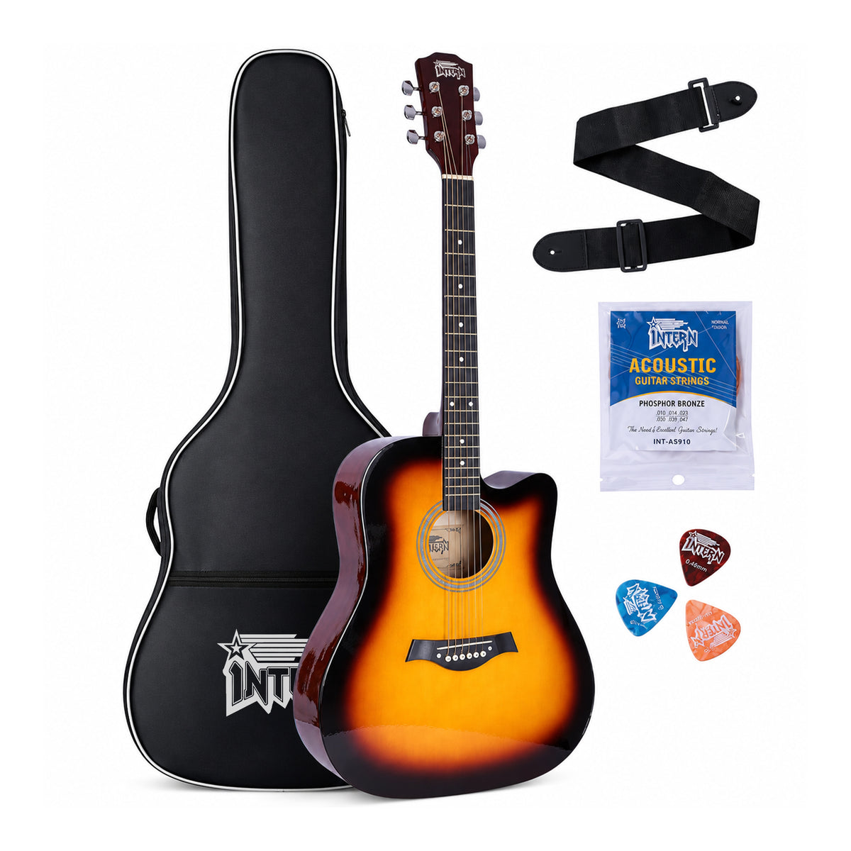 INTERN 41 Inch Acoustic Cutaway Guitar with Truss Rod, Gig Bag, Strap, Picks & Extra Strings – Sunbrust
