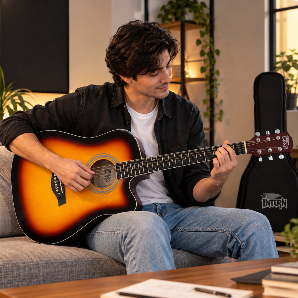 INTERN 41 Inch Acoustic Cutaway Guitar with Truss Rod, Gig Bag, Strap, Picks & Extra Strings – Sunbrust