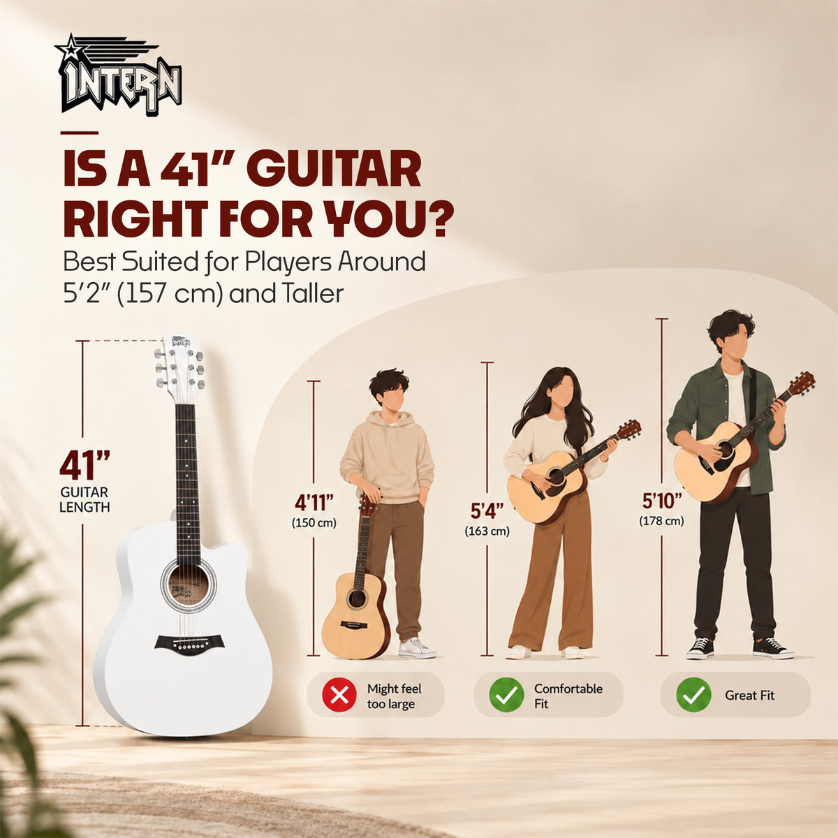 INTERN 41 Inch Acoustic Cutaway Guitar with Truss Rod, Gig Bag, Strap, Picks & Extra Strings – White