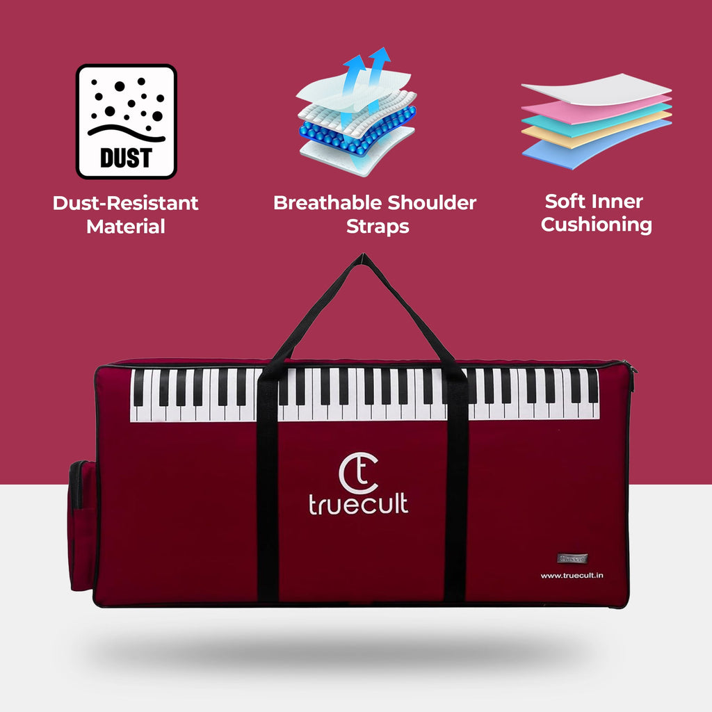 Padded interior lining of the maroon 61-key keyboard gig bag