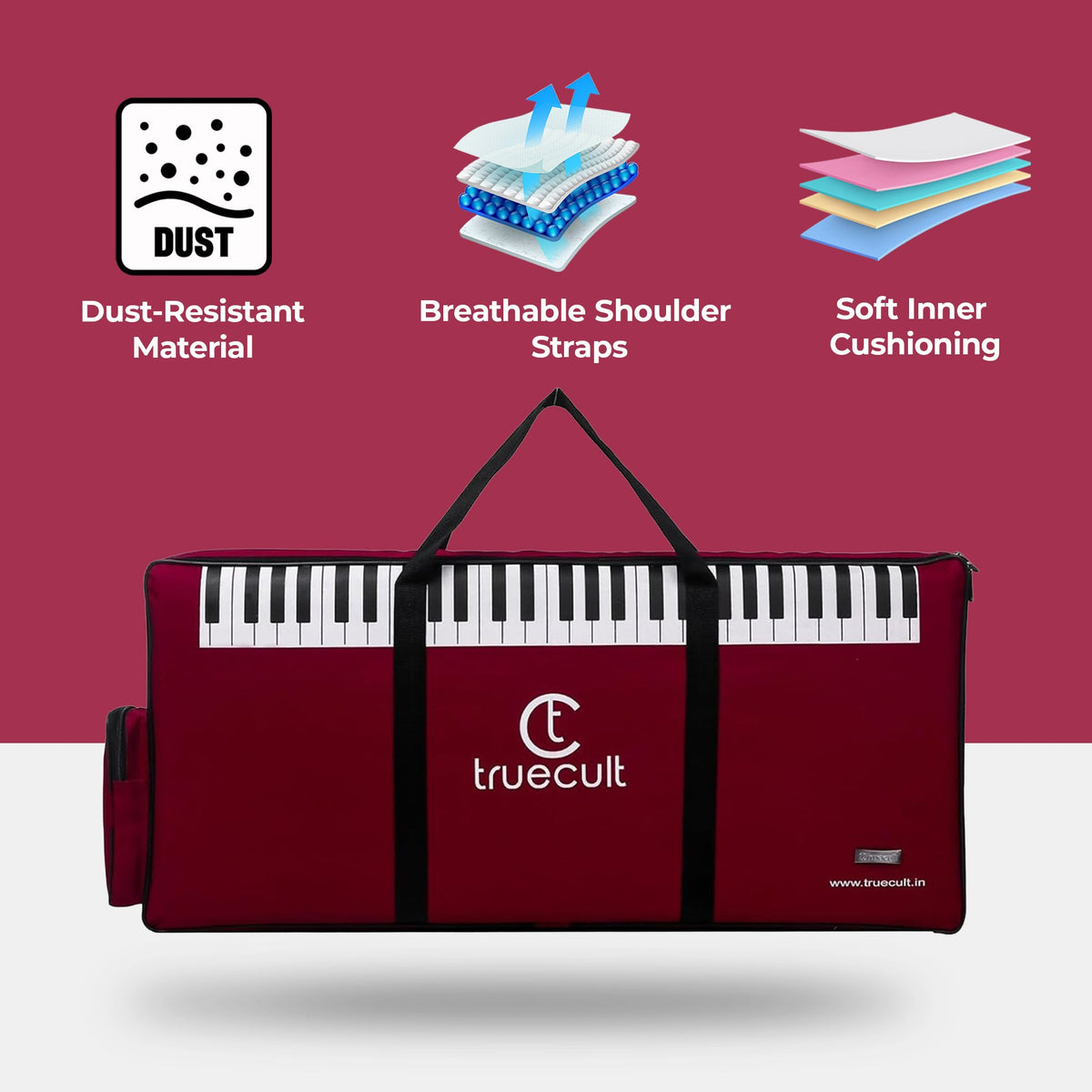 Padded interior lining of the maroon 61-key keyboard gig bag
