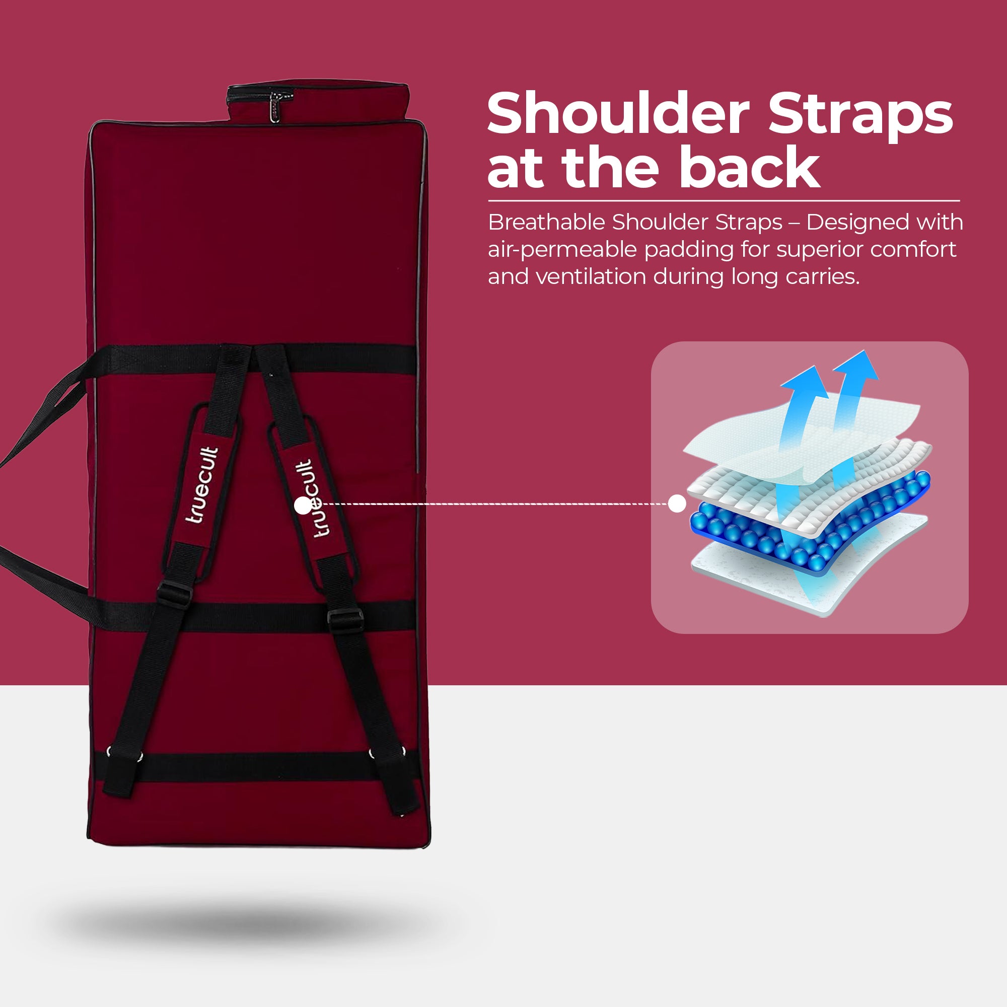 Truecult maroon 61-key keyboard gig bag shown from a side angle