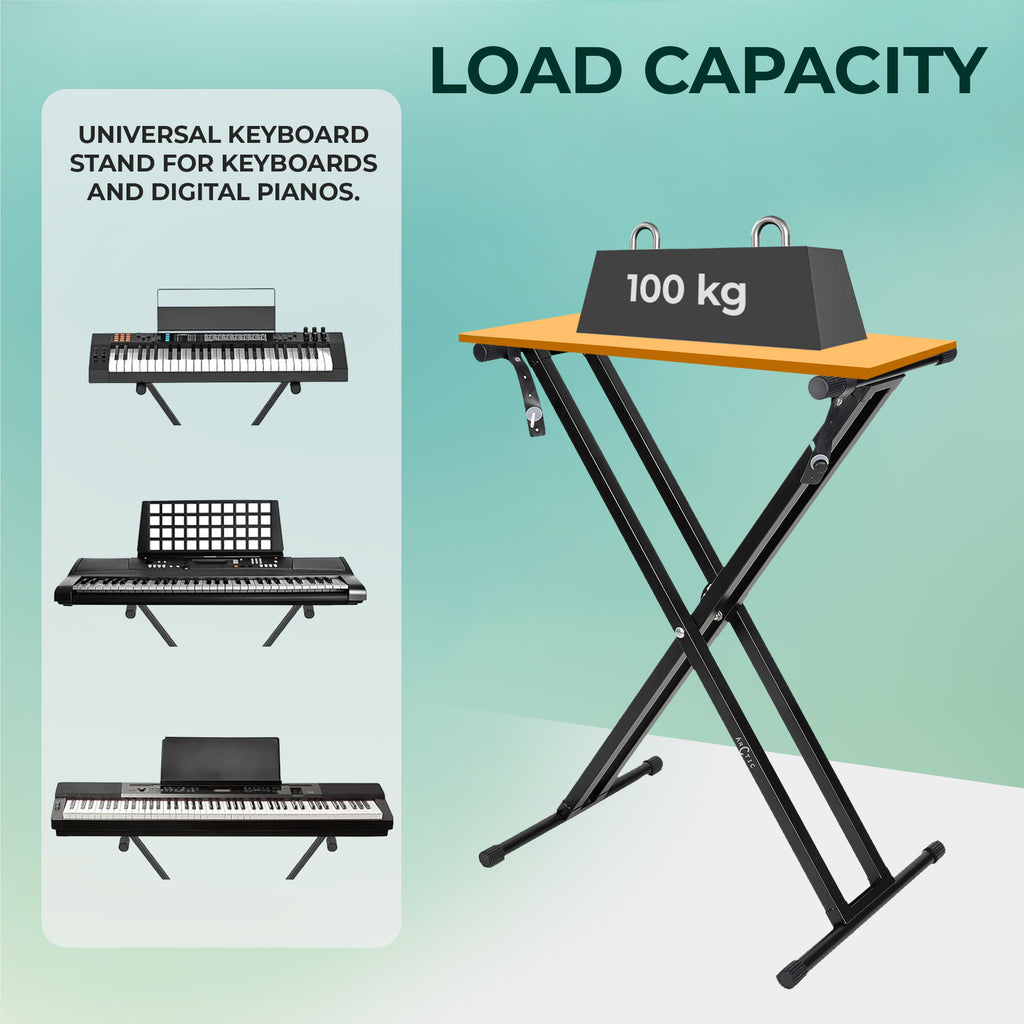 Keyboard stand with load capacity indicator and keyboard illustrations on a light green background