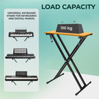 Keyboard stand with load capacity indicator and keyboard illustrations on a light green background