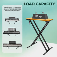 Keyboard stand with load capacity indicator and keyboard illustrations on a light green background